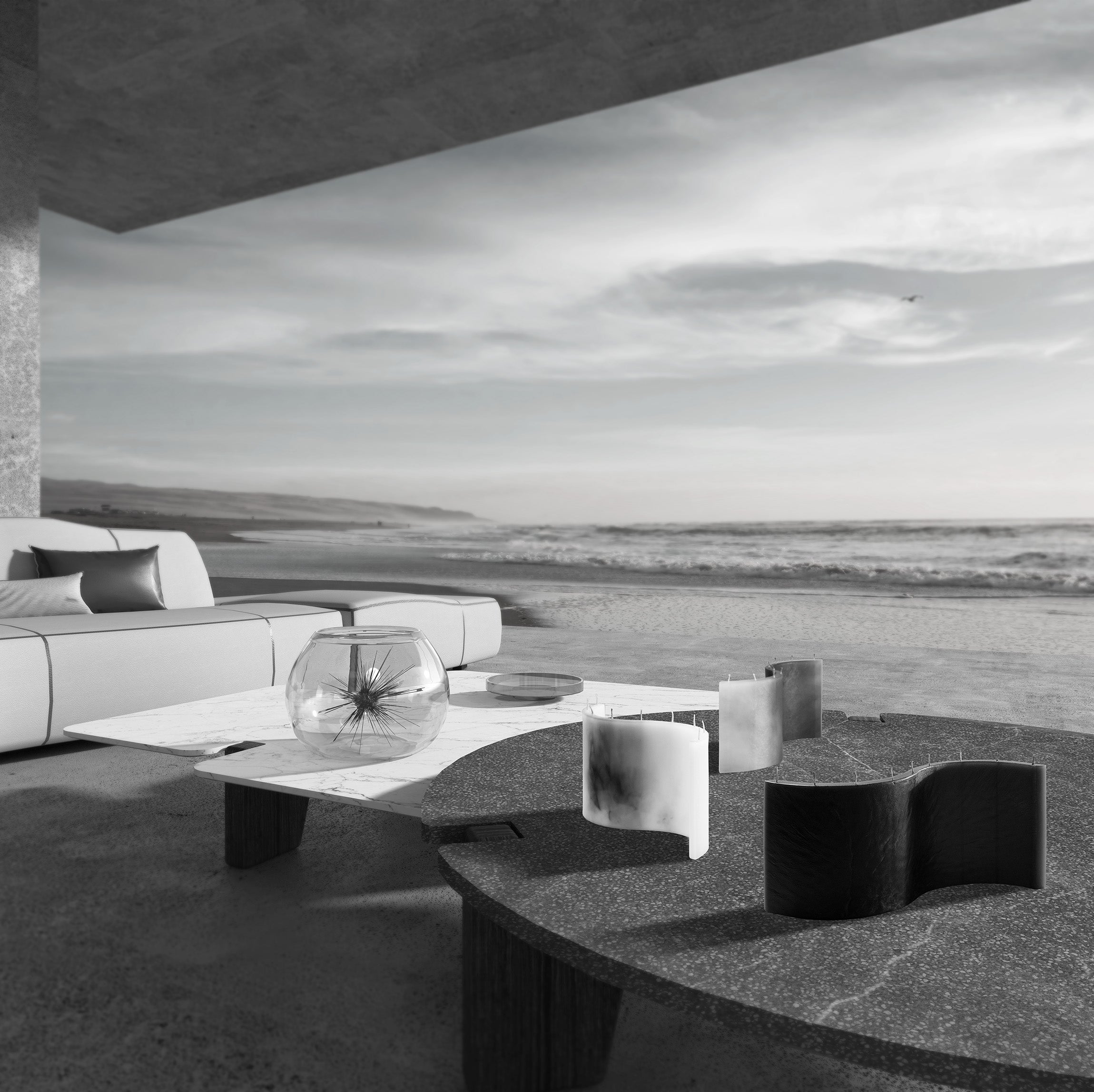 LUNARIS black sculptural candle styled in modern minimalist decor